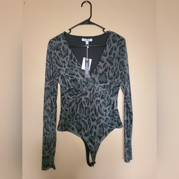 Steve Madden Green Mesh Leopard Print Long Sleeve Bodysuit Womens Size Large - Picture 1 of 5